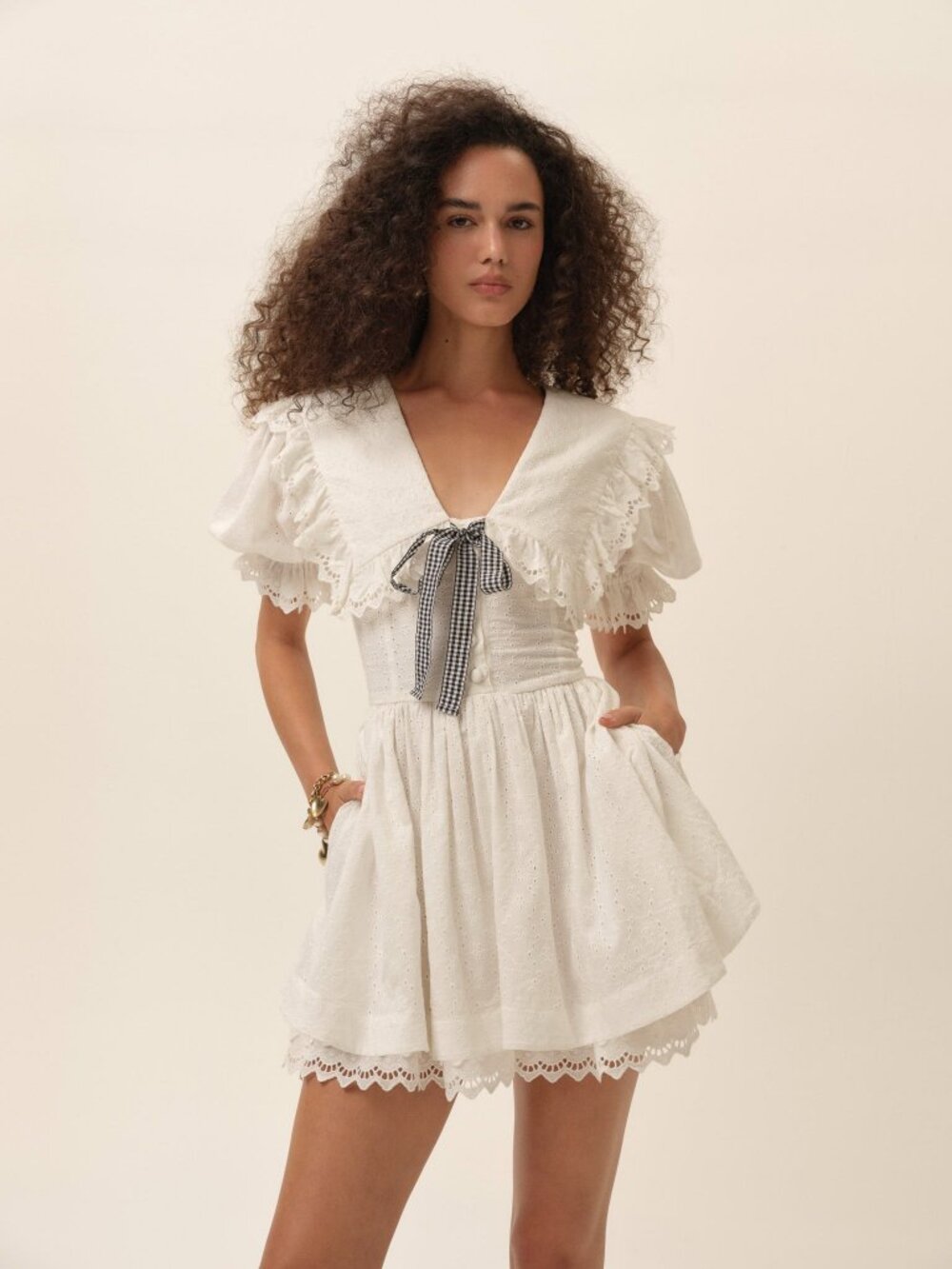 For Love & Lemons White Gingham Babydoll Mini Dress XS
